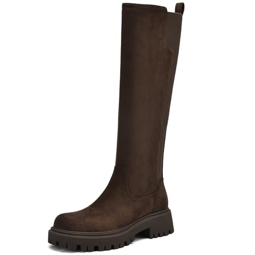 TEAIEUI Women's Knee High Boots Fashion Platform Lug Sole Tall Riding Boots Comfortable Stretch Calf Dress Long Boots Brown Suede 9.5