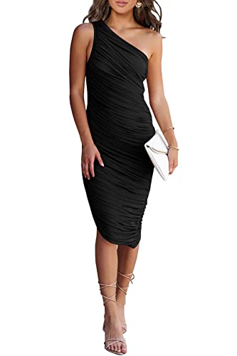 PRETTYGARDEN One Shoulder Dresses for Women 2025 Summer Ruched Mesh Asymmetrical Cocktail Wedding Guest Bodycon Dress (Black,Large)