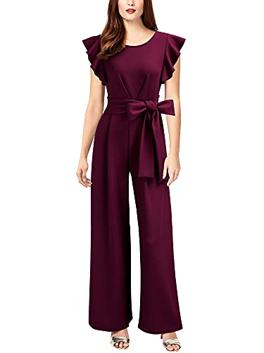 Knitee Women s Vintage Sleeveless Ruffle High Waist Wide Leg Romper Formal Long Jumpsuit with Belt (A-Burgundy, Medium)