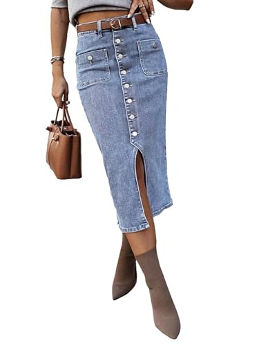 Flamingals Denim Midi Skirt for Women Pencil High Rise Vintage Button Fly Front Stretch Long Jean Skirts with Slit Mid Blue L