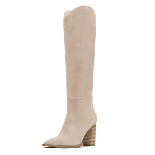 Suede Beige Knee High Boots for Women, Comfortable Chunky High Heel Pointed Toe Wide Calf Leather Tall Boots with Side Zip