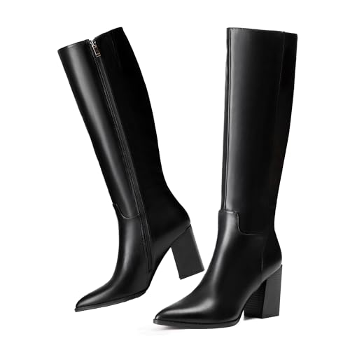 vivianly Women's Knee-High Boots, Sexy Pointed Toe Block Heel Zipper, Fashion Retro High Boots