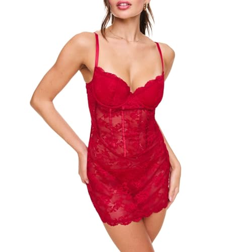 Adore Me Brielle Babydoll Dress & G-String Thong - XS-4X Regular & Plus-Size Lace Lingerie Set, Underwire Corset Top & Thong, Dark Red, M