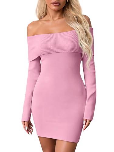 Wenrine Womens Off The Shoulder Sweater Dress Casual Ribbed Knit Long Sleeve Bodycon 2025 Fall Party Mini Dresses Pink