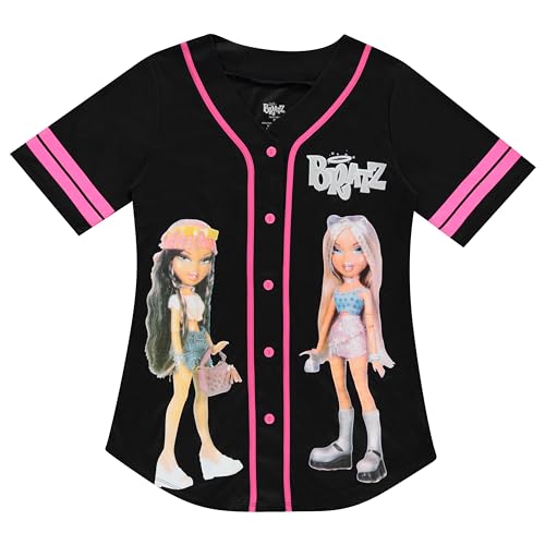 Bratz Ladies Dolls Baseball Jersey - Yasmin, Cloe, Jade, and Sasha Mesh Button Down Baseball Jersey 1990's Shirt (Black Pink, Medium)