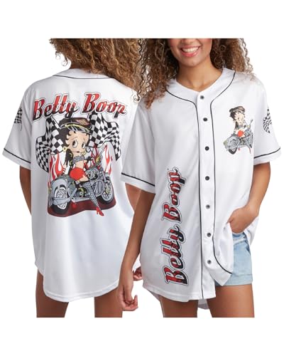 Betty Boop Women's Baseball Jersey - Vintage Novelty Button Down Uniform Top - Retro Jersey T-Shirt for Women (S-XL), Size Large, Betty Boop Motorcycle