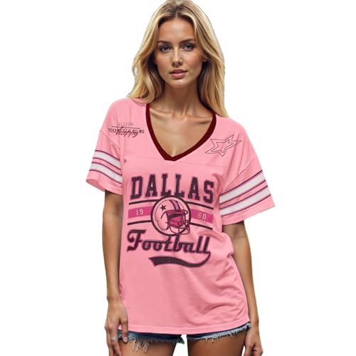 GLIGLITTR Football Jersey Shirt for Women Game Day Tshirt Football Season Outfits Fans Lover Shirts V Neck Y2k Baggy Tee Tops(Pink,Medium)