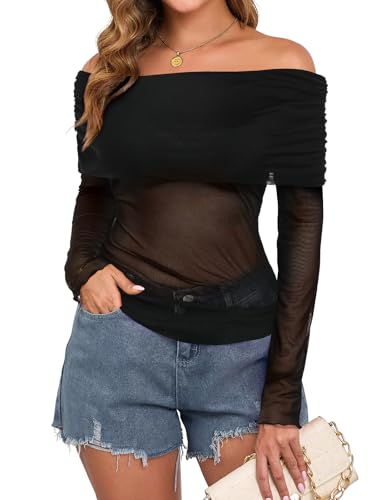 ZAFUL Womens Sexy Off The Shoulder Mesh Tops Elegant Sheer Stretchy Long Sleeve Shirts Club Night Out Blouse, Black, M