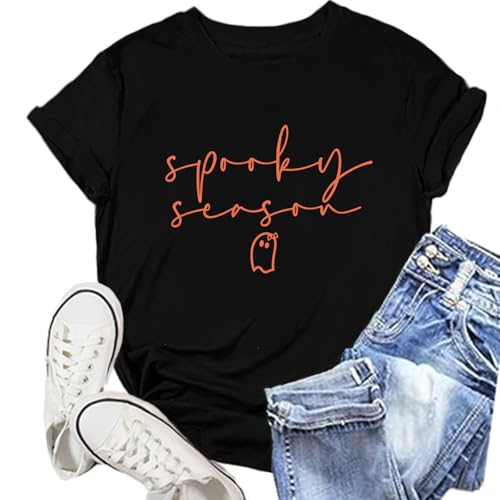 NEWKA Halloween Shirts for Women Halloween Ghost T-Shirt Spooky Season Tee Tops Black