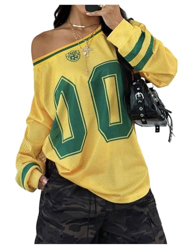SHENHE Women's Oversized Mesh Jersey Shirt Y2k Long Sleeve Off Shoulder Graphic Tee Top Yellow Large