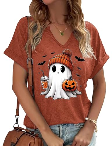 Womens Halloween Ghost V Neck Shirt Fall Cute Ghost Pumpkin Face Graphic Short Sleeve Tee Autumn Pumpkin Spice Latte T Shirt(M,F-Brown-1)
