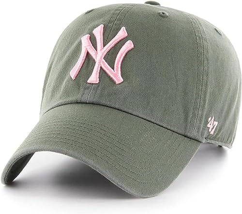 47 Brand MLB Moss Green Pink Primary Logo Clean Up Adjustable Strap Baseball Cap Hat, Adult One Size Fits All - New York Yankees Moss Green