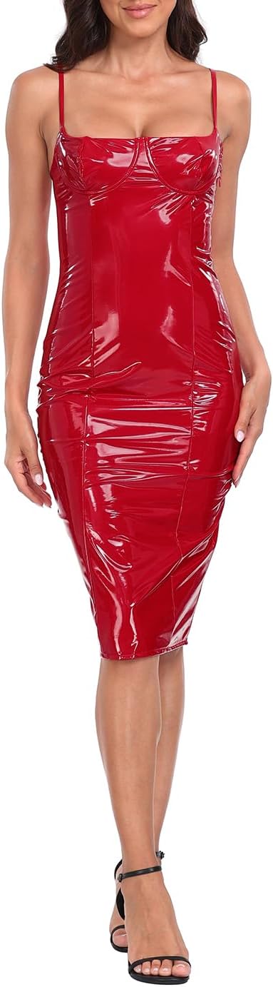HDE Women's Latex Midi Bodycon Dress Vinyl Faux Leather Sexy Balconette Dresses