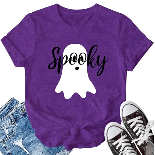 LBP Halloween Spooky Shirt for Women Halloween Ghost Party Night T-Shirt Fall Spooky Tee Tops Purple