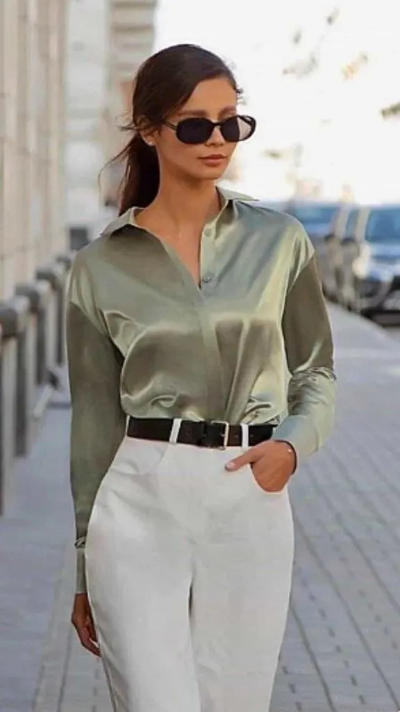 satin silk top and cream jeans outfit