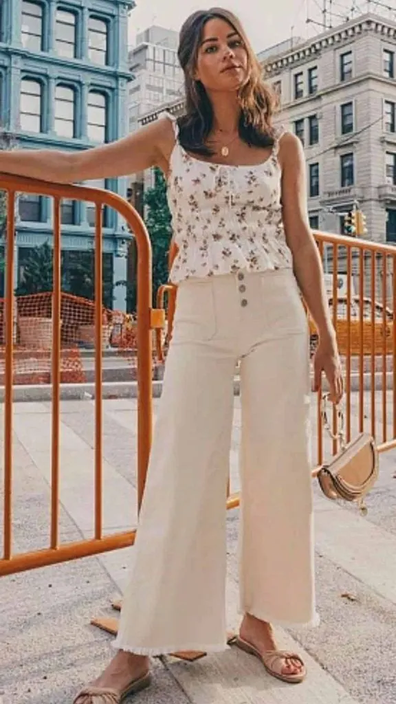 cream jeans with floral top