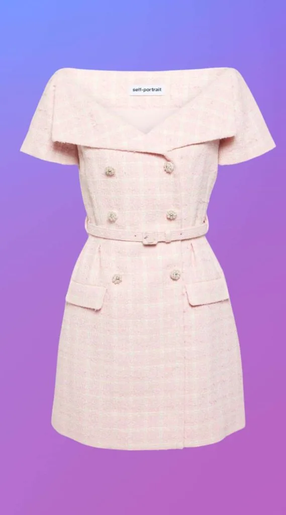 pink Self Portrait Belted embellished boucl&eacute; mini dress