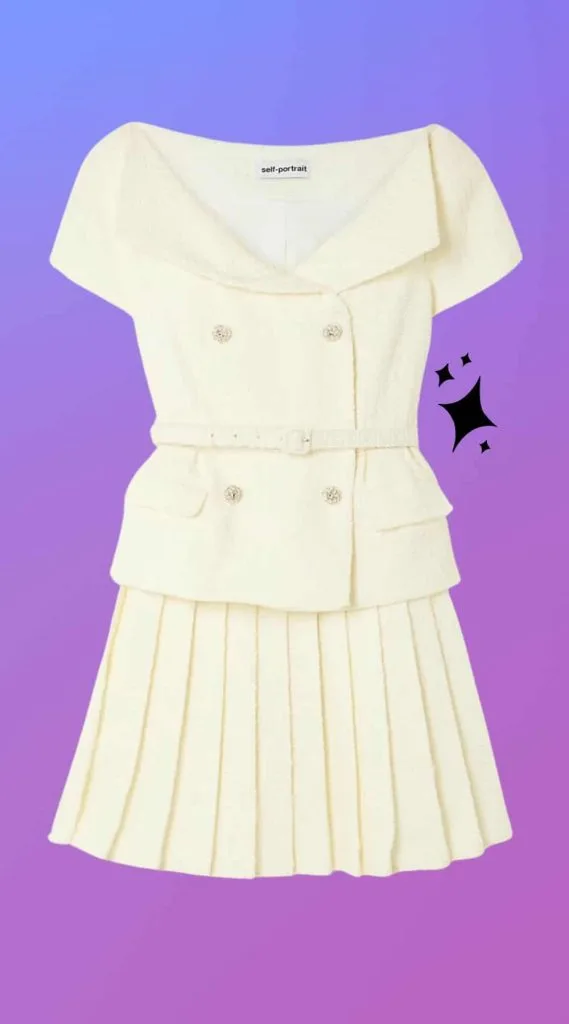 white Self Portrait Belted embellished boucl&eacute; mini dress