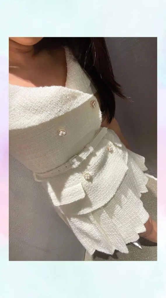 white Self Portrait Belted embellished boucl&eacute; mini dress