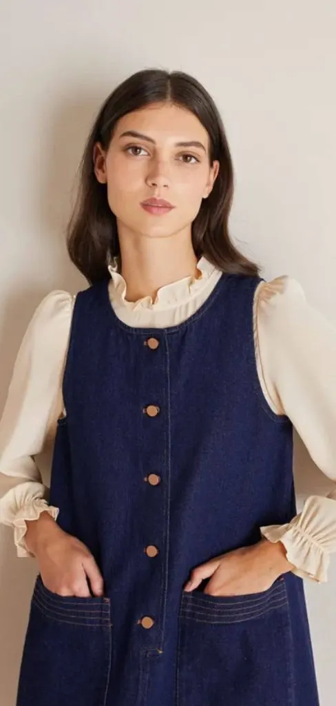 feminine denim dress and ruffle blouse