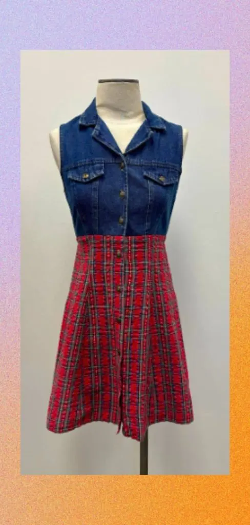 denim and red plaid skirt