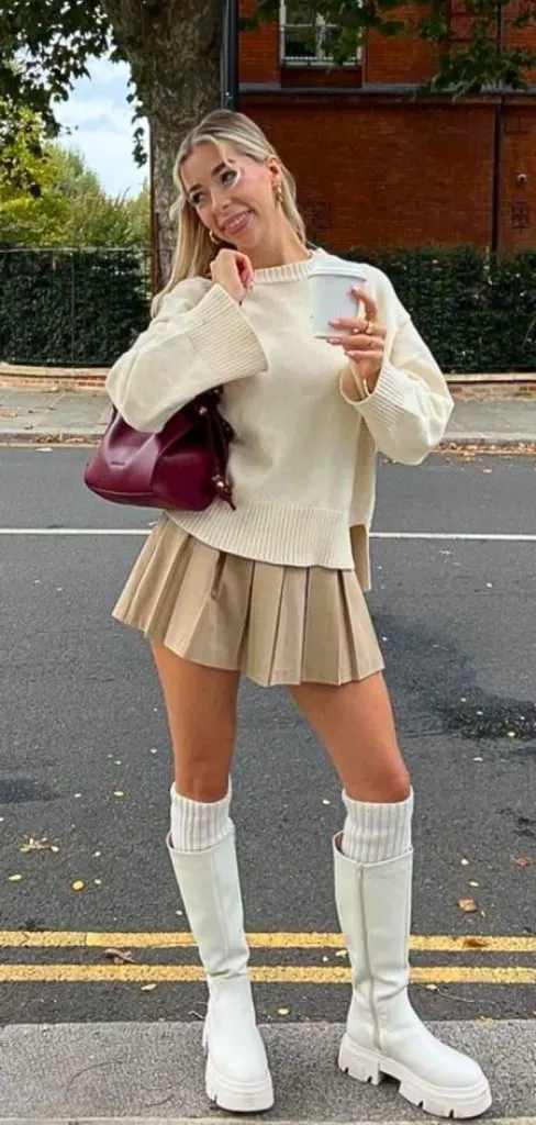 short pleated skirt winter white monotone outfit