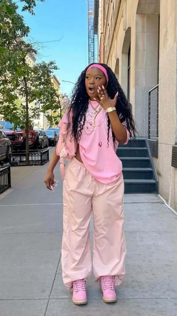 Black girl pink timberland boots outfits