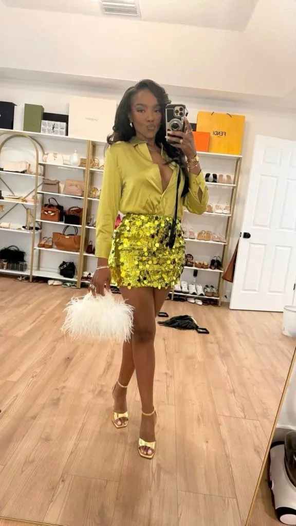 yellow top and sequin skirt black girl