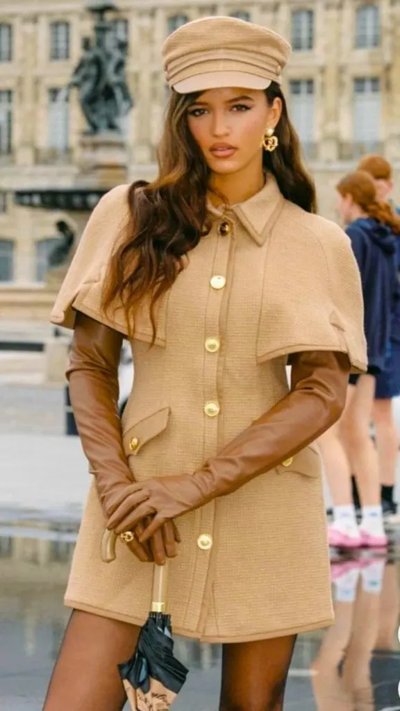 beret and cape coat monotone outfit