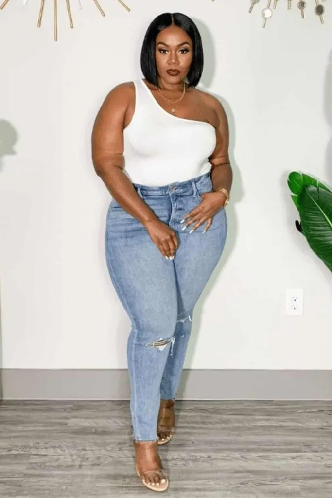 black woman plus size one shoulder clear heels
