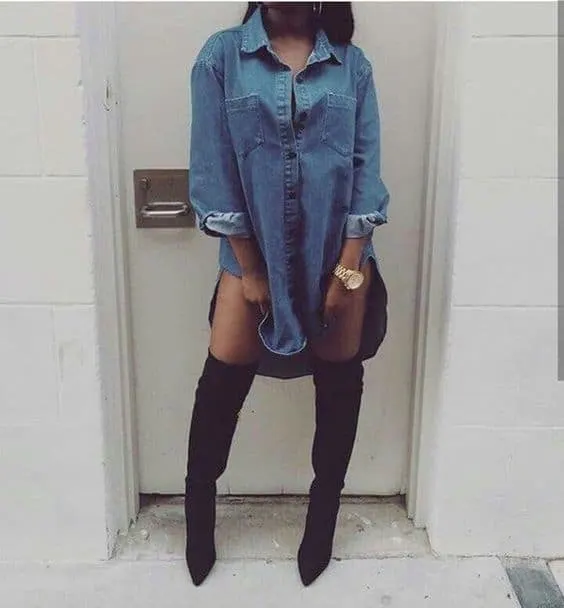 denim shirt and overknee boots
