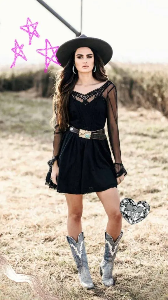 Black western dress with cowboy boots