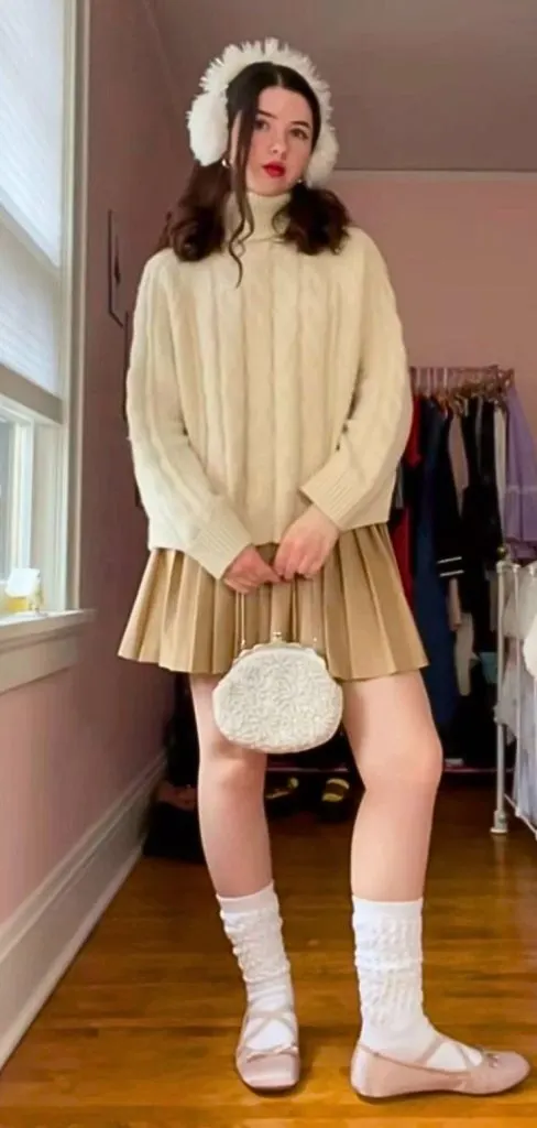 ear muff and short pleated skirt winter