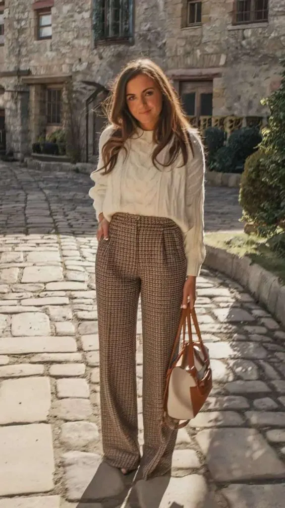 brown houndstooth pants outfit