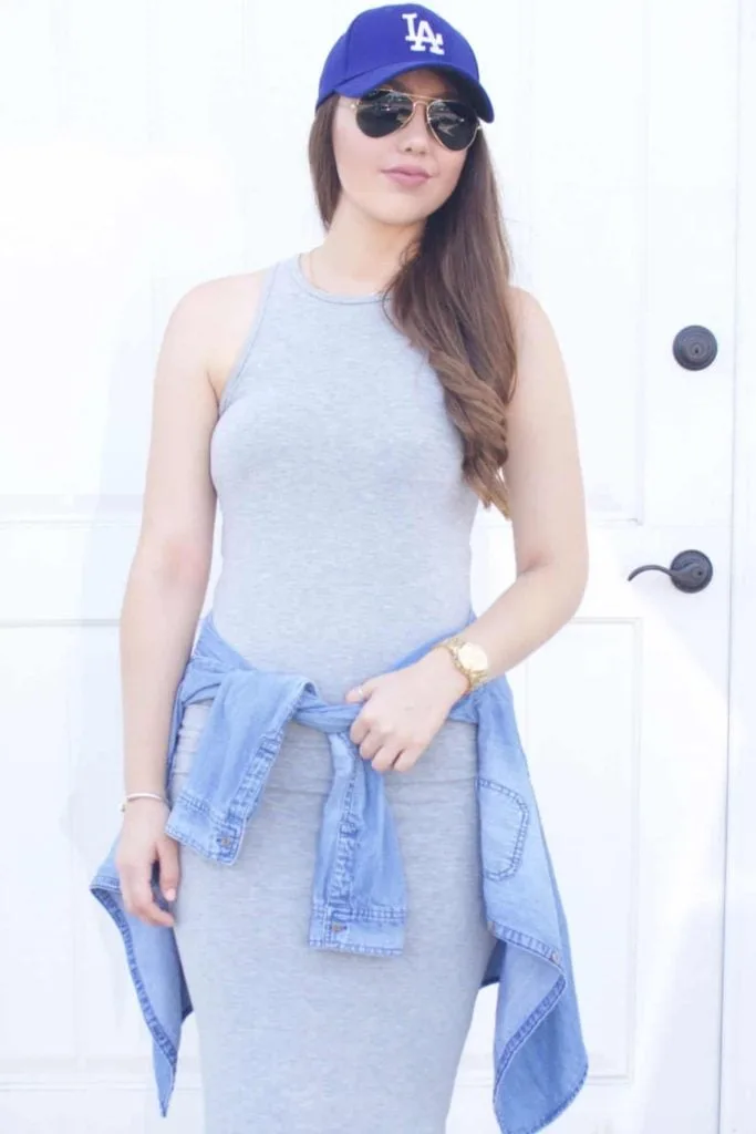 grey bodycon dress with baseball cap