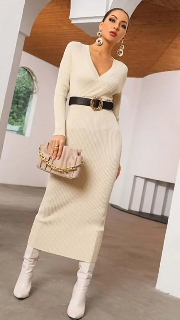 white long sweater dress and boots