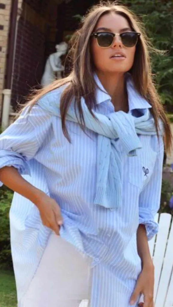 blue cardigan and oversized shirt