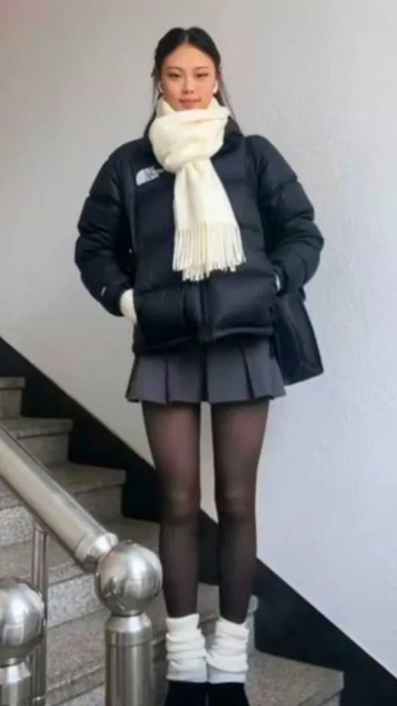 North face jacket and pleated skirt