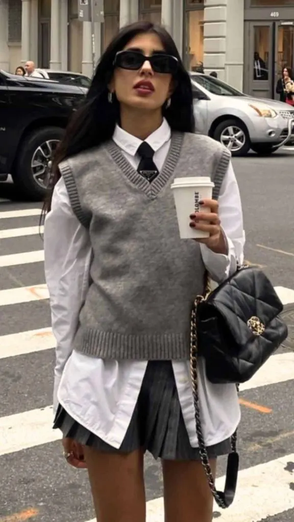 sweater vest and pleated skirt outfit idea