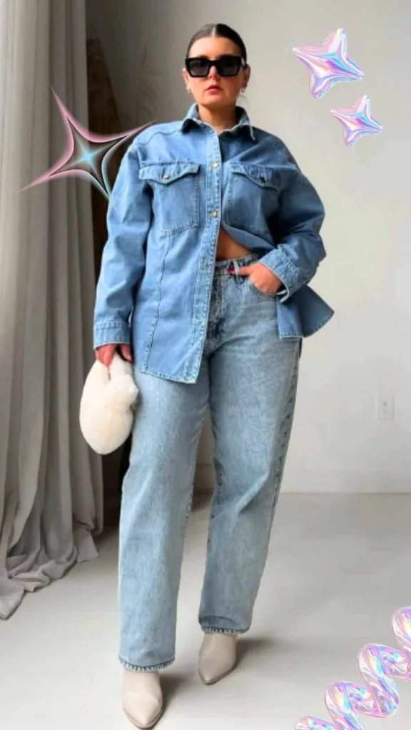 denim shirt plus-size outfits