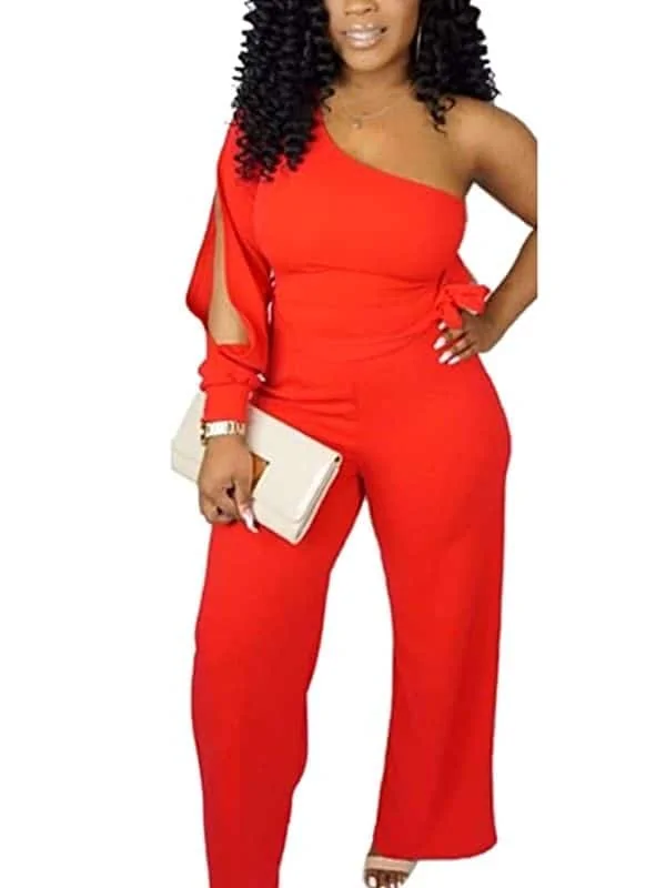 plus size one-shoulder jumpsuit as wedding guest
