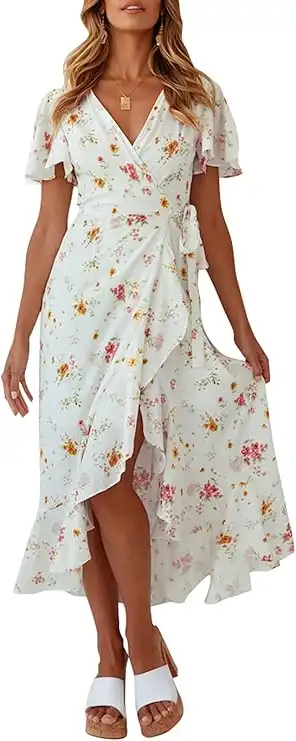 Floral Wrap Flowy Ruffle Midi Dress