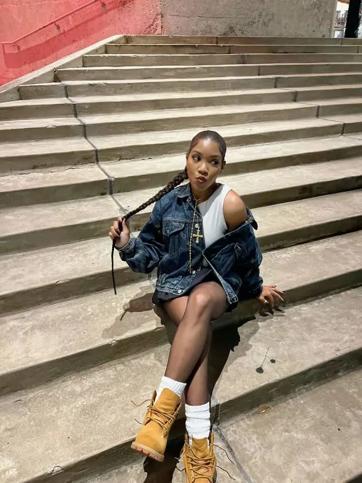 white socks and timberland boots