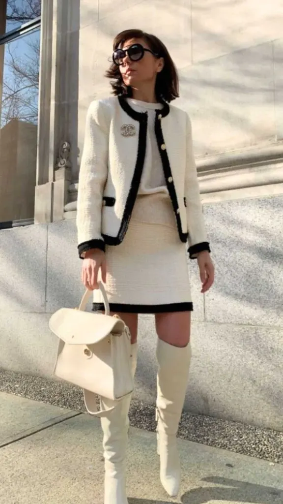 tweed jacket and thigh boots