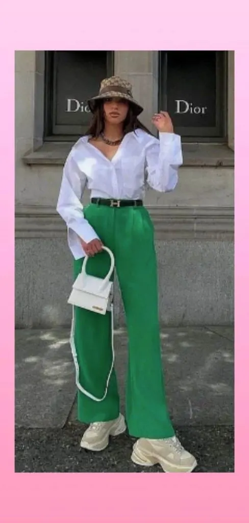 hat and emerald green pants outfit