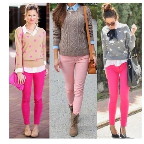 what to wear with pink jeans ladies, pink jeans outfit ideas