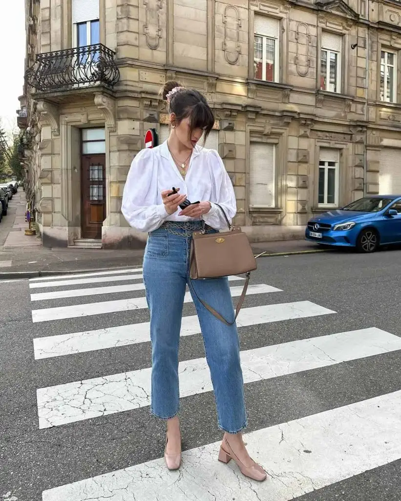 white shirt and jeans and beige heels