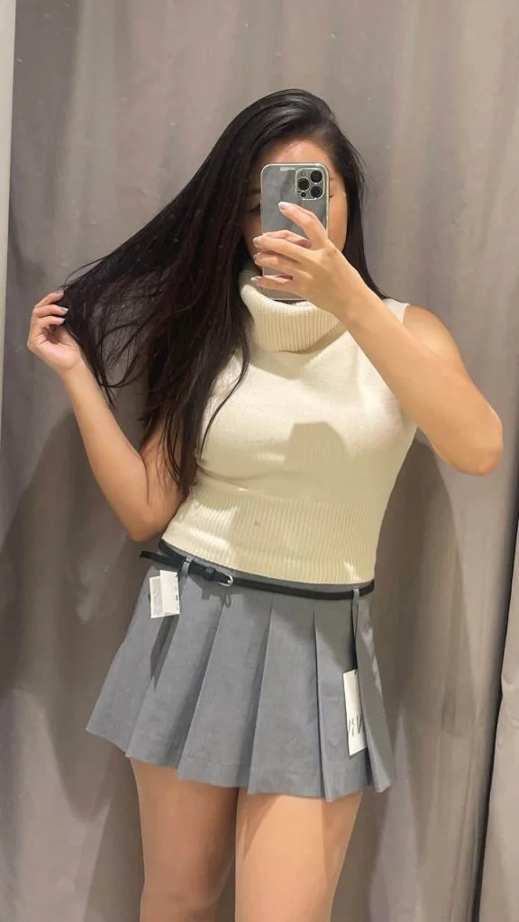 zara high neck top and pleated skirt